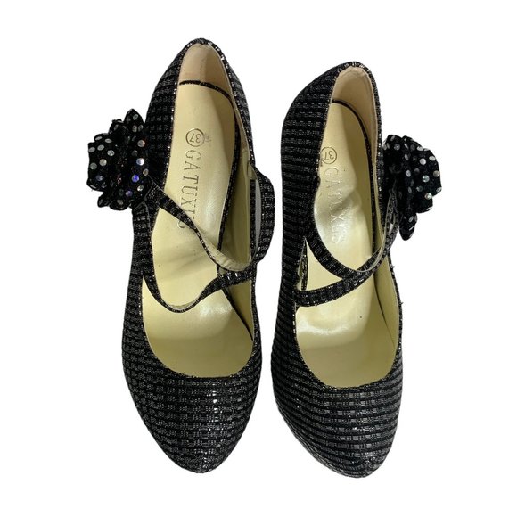 Gatuxus Metallic Platform High Heels Womens 7 Black Silver Straps Flower - Picture 3 of 9